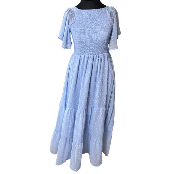 Smocked Bodice Blue Swiss Dot Maxi Dress With V-Back & Flutter Sleeves - Picture 2 of 8